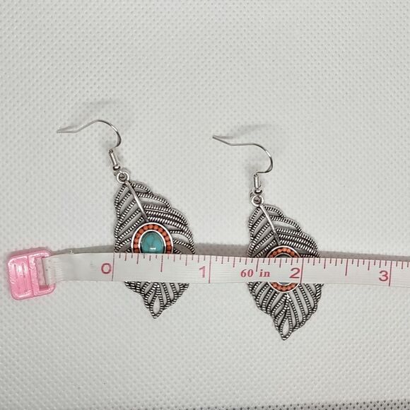 Boho Feather Turquoise Stone Dangle Statement Earrings Drop Cutout Chandelier - Picture 6 of 8